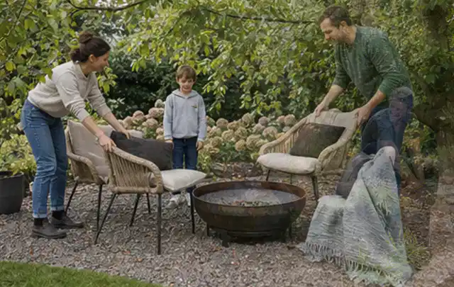 Familie stellt wetterfeste Sessel an einem geschützten Sitzplatz im Garten auf; Thema Gasgrills, Schwerpunkt Nachhaltigkeit; Ergebnis.