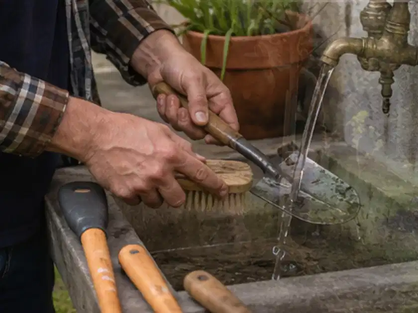 Hände reinigen gebrauchte Gartengeräte mit Bürste und Wasser am Außenbecken; Thema Gasgrills, Schwerpunkt Reinigung; Titelbild.
