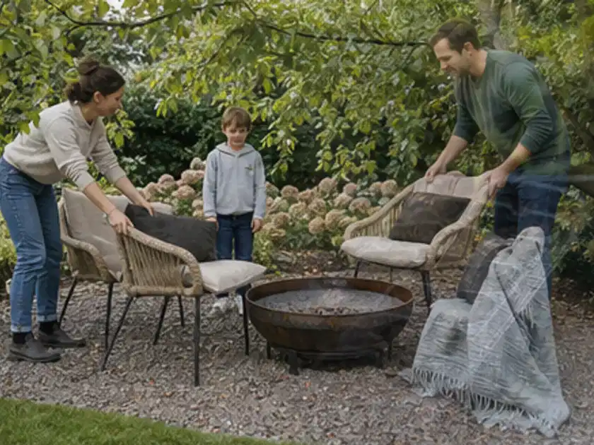 Familie stellt wetterfeste Sessel an einem geschützten Sitzplatz im Garten auf; Thema Gasgrills, Schwerpunkt Reparatur; Titelbild.
