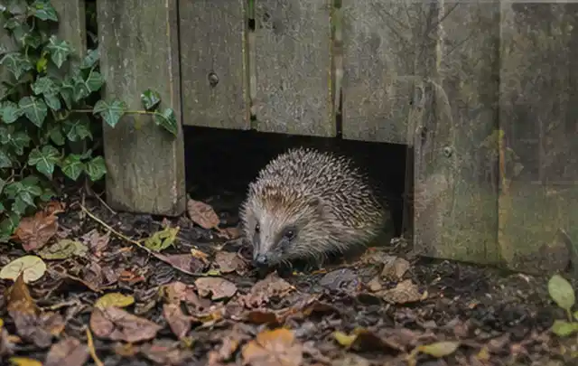 Igel nutzt einen bodennahen Durchgang unter einem hölzernen Gartenzaun; Thema Gasgrills, Schwerpunkt Sicherheit; Ausgangslage.