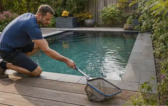 Person entfernt Blätter mit einem Kescher aus einem kleinen Gartenpool; Thema Gasgrills, Schwerpunkt Sicherheit; Umsetzung.