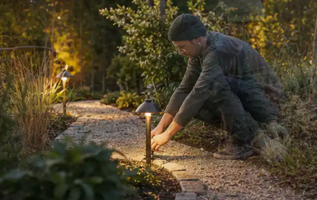 Person richtet eine niedrige warm leuchtende Gartenlampe am Kiesweg aus; Thema Gasgrills, Schwerpunkt Sicherheit; Ergebnis.