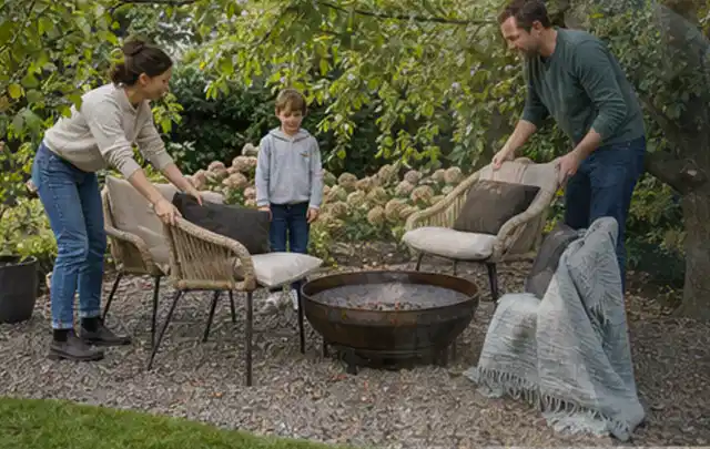 Familie stellt wetterfeste Sessel an einem geschützten Sitzplatz im Garten auf; Thema Gasgrills, Schwerpunkt Systemvergleich; Ausgangslage.