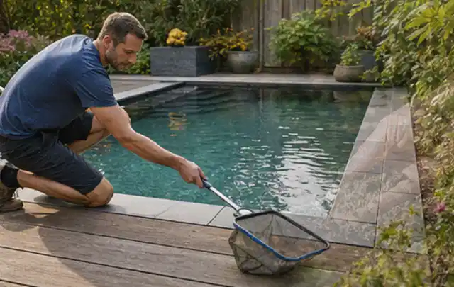 Person entfernt Blätter mit einem Kescher aus einem kleinen Gartenpool; Thema Gasgrills, Schwerpunkt Systemvergleich; Praxisalltag.