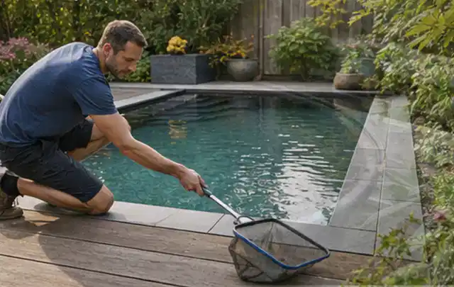 Person entfernt Blätter mit einem Kescher aus einem kleinen Gartenpool; Thema Gasgrills, Schwerpunkt Testkriterien; Umsetzung.