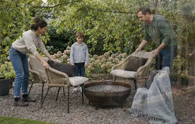 Familie stellt wetterfeste Sessel an einem geschützten Sitzplatz im Garten auf; Thema Gasgrills, Schwerpunkt Testkriterien; Kontrolle.