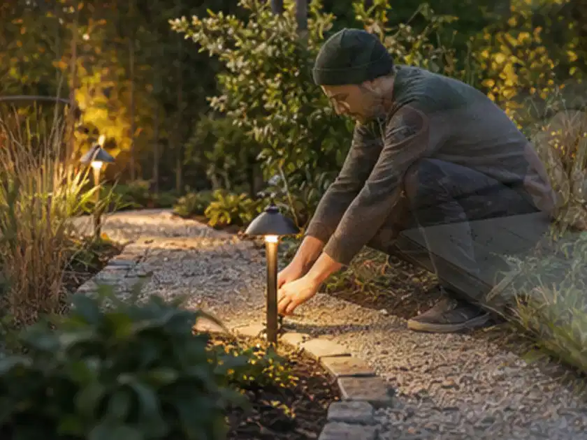 Person richtet eine niedrige warm leuchtende Gartenlampe am Kiesweg aus; Thema Gasgrills, Schwerpunkt Vergleich; Titelbild.