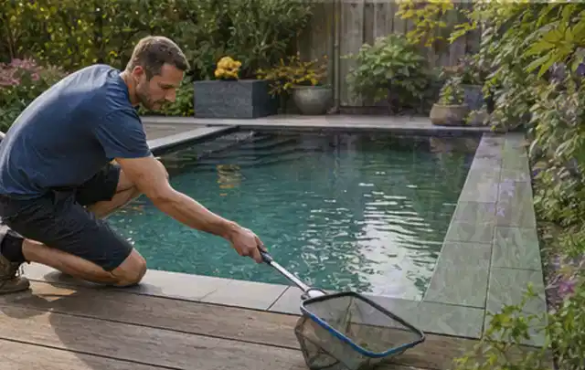 Person entfernt Blätter mit einem Kescher aus einem kleinen Gartenpool; Thema Gasgrills, Schwerpunkt Vergleich; Umsetzung.