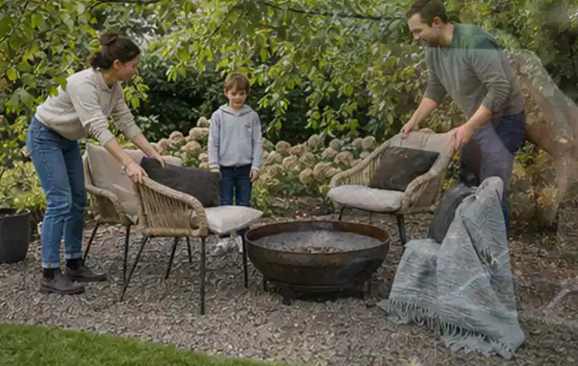 Familie stellt wetterfeste Sessel an einem geschützten Sitzplatz im Garten auf; Thema Gasgrills, Schwerpunkt Vergleich; Kontrolle.