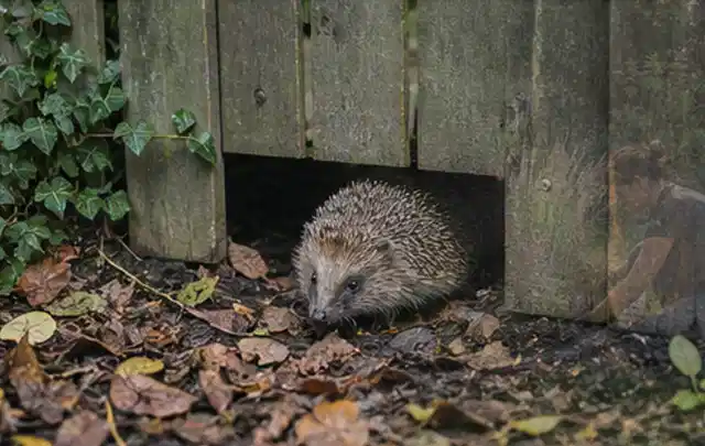 Igel nutzt einen bodennahen Durchgang unter einem hölzernen Gartenzaun; Thema Gasgrills, Schwerpunkt Wartung; Umsetzung.