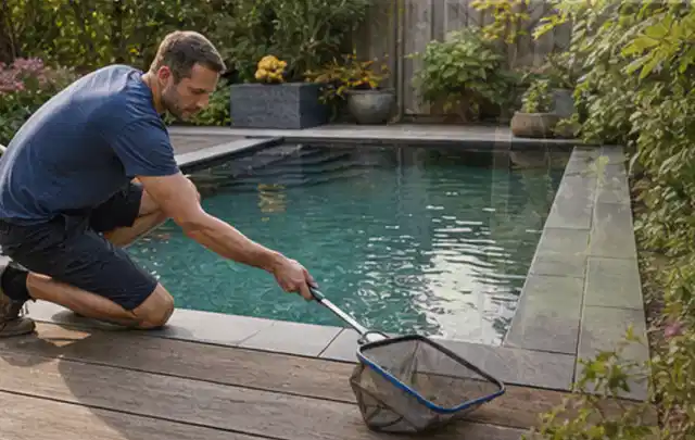 Person entfernt Blätter mit einem Kescher aus einem kleinen Gartenpool; Thema Gasgrills, Schwerpunkt Wartung; Ergebnis.