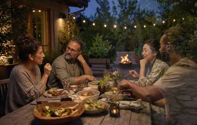 Menschen verbringen einen ruhigen Abend an einem Sitzplatz im Garten; Thema Gasgrills, Schwerpunkt Wartung; Praxisalltag.