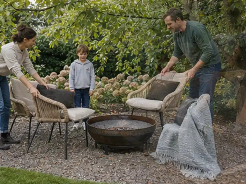 Familie stellt wetterfeste Sessel an einem geschützten Sitzplatz im Garten auf; Thema Gasgrills, Schwerpunkt Winterlager; Titelbild.