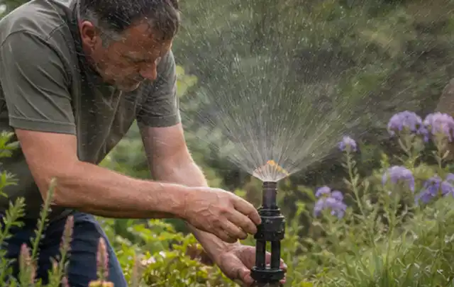 Person richtet einen laufenden Gartensprenger zwischen Stauden präzise aus; Thema Gebrauchsrasen, Schwerpunkt Bewässerung; Kontrolle.
