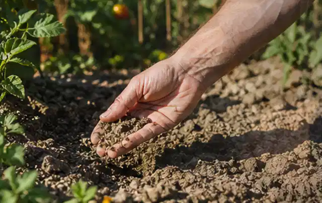 Hand prüft trockene krümelige Gartenerde während einer warmen Sommerphase; Thema Gebrauchsrasen, Schwerpunkt Checkliste; Praxisalltag.