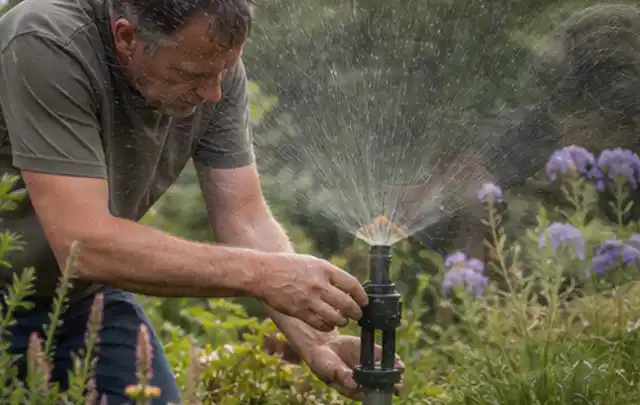 Person richtet einen laufenden Gartensprenger zwischen Stauden präzise aus; Thema Gebrauchsrasen, Schwerpunkt Düngung; Umsetzung.