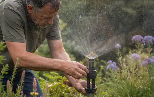 Person richtet einen laufenden Gartensprenger zwischen Stauden präzise aus; Thema Gebrauchsrasen, Schwerpunkt Einsteigerwissen; Ausgangslage.