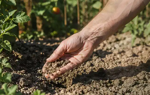 Hand prüft trockene krümelige Gartenerde während einer warmen Sommerphase; Thema Gebrauchsrasen, Schwerpunkt Einsteigerwissen; Ergebnis.