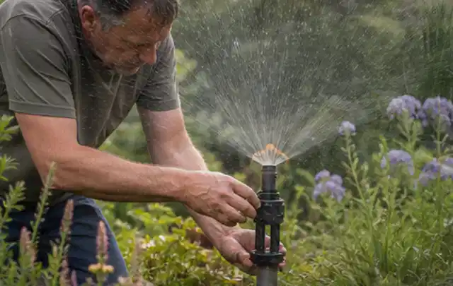 Person richtet einen laufenden Gartensprenger zwischen Stauden präzise aus; Thema Gebrauchsrasen, Schwerpunkt Fehlerhilfe; Ausgangslage.