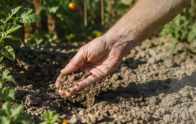 Hand prüft trockene krümelige Gartenerde während einer warmen Sommerphase; Thema Gebrauchsrasen, Schwerpunkt Fehlerhilfe; Kontrolle.