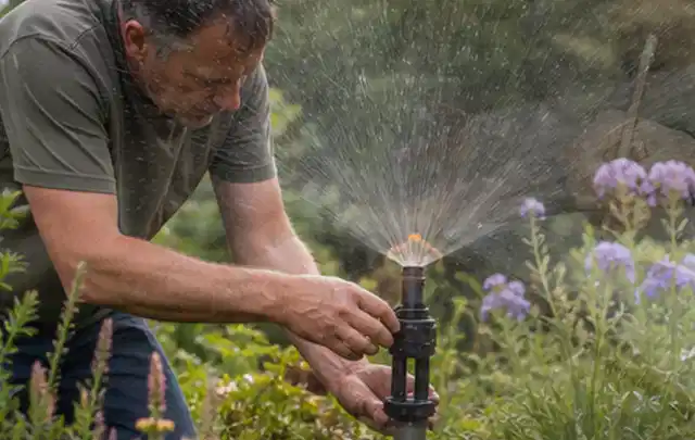 Person richtet einen laufenden Gartensprenger zwischen Stauden präzise aus; Thema Gebrauchsrasen, Schwerpunkt Frühjahr; Ausgangslage.