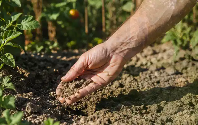 Hand prüft trockene krümelige Gartenerde während einer warmen Sommerphase; Thema Gebrauchsrasen, Schwerpunkt Frühjahr; Praxisalltag.