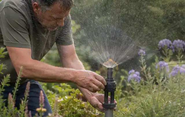 Person richtet einen laufenden Gartensprenger zwischen Stauden präzise aus; Thema Gebrauchsrasen, Schwerpunkt Hitzeschutz; Praxisalltag.