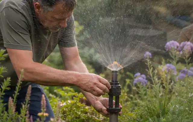 Person richtet einen laufenden Gartensprenger zwischen Stauden präzise aus; Thema Gebrauchsrasen, Schwerpunkt Kosten; Ausgangslage.