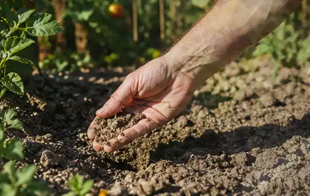 Hand prüft trockene krümelige Gartenerde während einer warmen Sommerphase; Thema Gebrauchsrasen, Schwerpunkt Kosten; Umsetzung.
