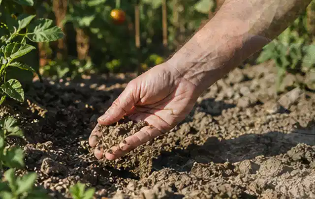 Hand prüft trockene krümelige Gartenerde während einer warmen Sommerphase; Thema Gebrauchsrasen, Schwerpunkt Moos; Ausgangslage.