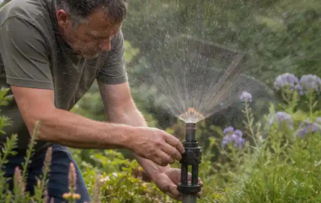 Person richtet einen laufenden Gartensprenger zwischen Stauden präzise aus; Thema Gebrauchsrasen, Schwerpunkt Moos; Praxisalltag.