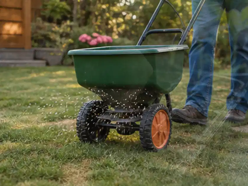 Person verteilt Rasensamen mit einem Streuwagen auf einer lückigen Fläche; Thema Gebrauchsrasen, Schwerpunkt Nachsaat; Titelbild.