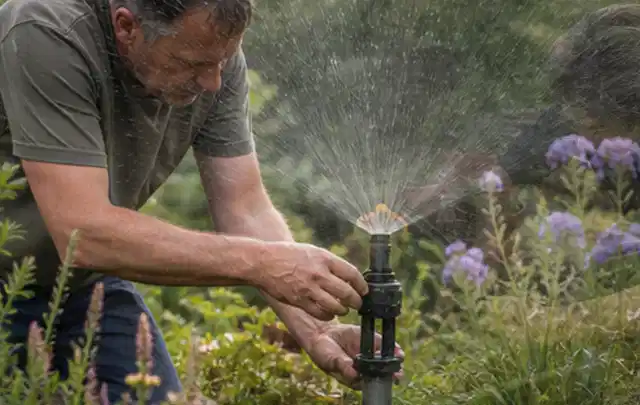 Person richtet einen laufenden Gartensprenger zwischen Stauden präzise aus; Thema Gebrauchsrasen, Schwerpunkt Nachsaat; Kontrolle.