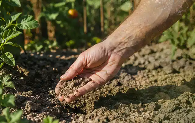 Hand prüft trockene krümelige Gartenerde während einer warmen Sommerphase; Thema Gebrauchsrasen, Schwerpunkt Nachsaat; Ergebnis.