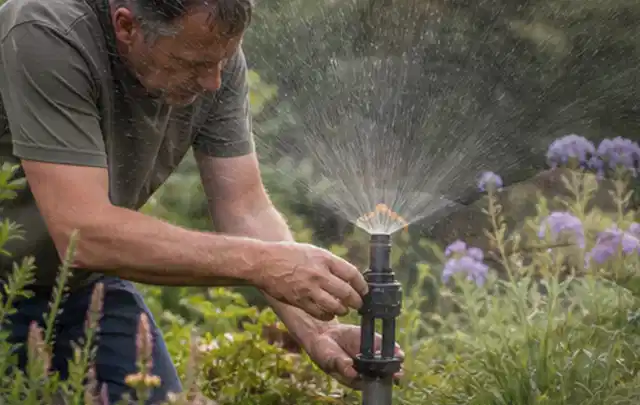 Person richtet einen laufenden Gartensprenger zwischen Stauden präzise aus; Thema Gebrauchsrasen, Schwerpunkt Neuanlage; Umsetzung.