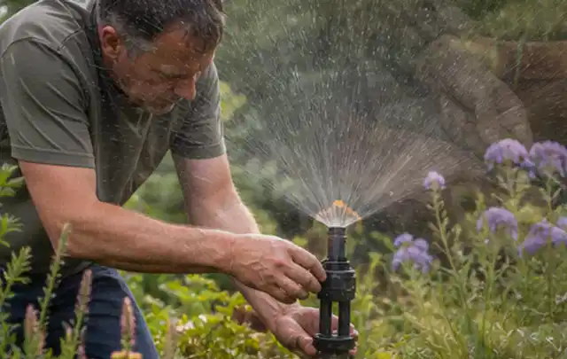 Person richtet einen laufenden Gartensprenger zwischen Stauden präzise aus; Thema Gebrauchsrasen, Schwerpunkt Rasen; Ergebnis.