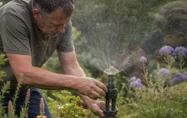 Person richtet einen laufenden Gartensprenger zwischen Stauden präzise aus; Thema Gebrauchsrasen, Schwerpunkt Rasengesundheit; Ergebnis.