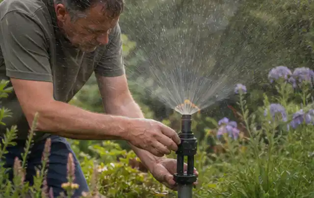 Person richtet einen laufenden Gartensprenger zwischen Stauden präzise aus; Thema Gebrauchsrasen, Schwerpunkt Sommerpflege; Praxisalltag.
