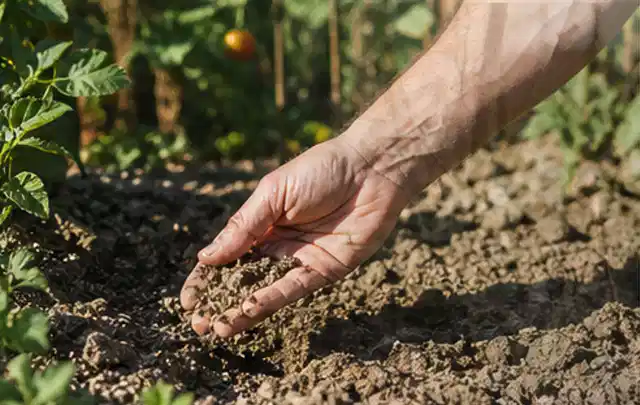 Hand prüft trockene krümelige Gartenerde während einer warmen Sommerphase; Thema Gebrauchsrasen, Schwerpunkt Unkraut; Ergebnis.