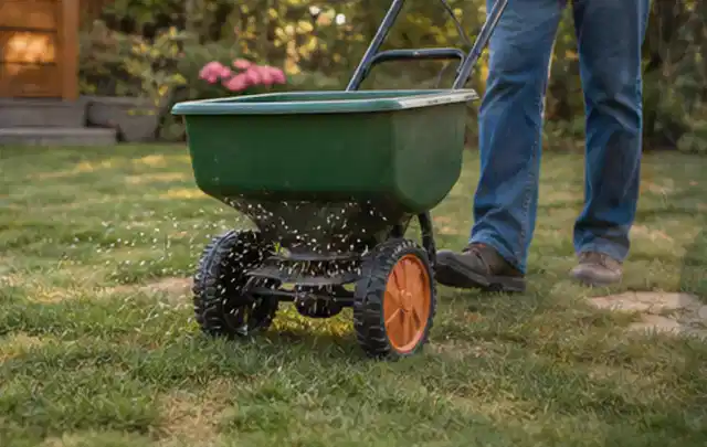 Person verteilt Rasensamen mit einem Streuwagen auf einer lückigen Fläche; Thema Gebrauchsrasen, Schwerpunkt Unkraut; Praxisalltag.