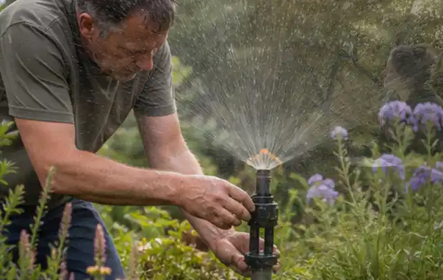 Person richtet einen laufenden Gartensprenger zwischen Stauden präzise aus; Thema Gebrauchsrasen, Schwerpunkt Vertikutieren; Kontrolle.