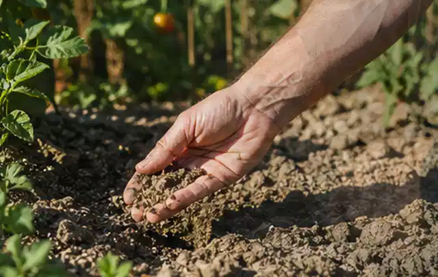 Hand prüft trockene krümelige Gartenerde während einer warmen Sommerphase; Thema Gebrauchsrasen, Schwerpunkt Winterpflege; Kontrolle.