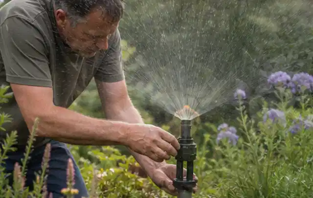Person richtet einen laufenden Gartensprenger zwischen Stauden präzise aus; Thema Gebrauchsrasen, Schwerpunkt Winterpflege; Praxisalltag.