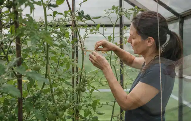 Person bindet junge Tomatentriebe in einem privaten Gewächshaus vorsichtig an; Thema Gemüse im Hochbeet, Schwerpunkt Aussaat; Ergebnis.