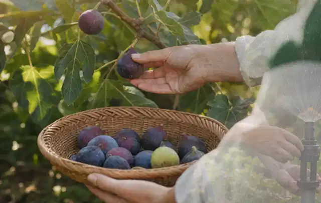 Hand pflückt eine reife Feige über einem flachen Korb mit Früchten; Thema Gemüse im Hochbeet, Schwerpunkt Gesundheit; Ergebnis.