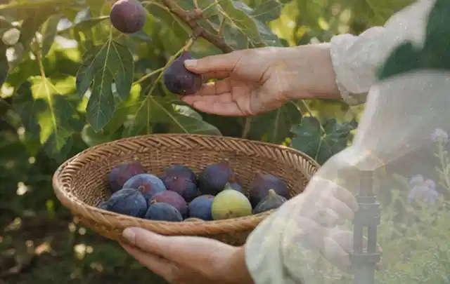Hand pflückt eine reife Feige über einem flachen Korb mit Früchten; Thema Gemüse im Hochbeet, Schwerpunkt Nährstoffe; Umsetzung.