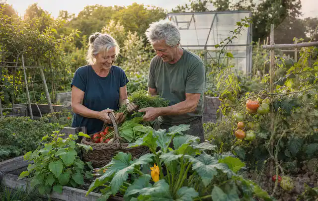 Zwei Personen ernten gemeinsam Gemüse in einem sonnigen Nutzgarten; Thema Gemüse im Hochbeet, Schwerpunkt Standort; Umsetzung.