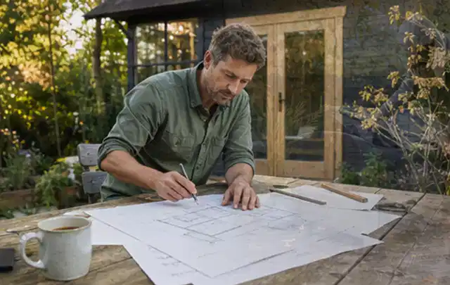 Person prüft Bauzeichnungen an einem Gartentisch vor einem kleinen Gartenhaus; Thema Geräteschuppen, Schwerpunkt Aufbau; Kontrolle.