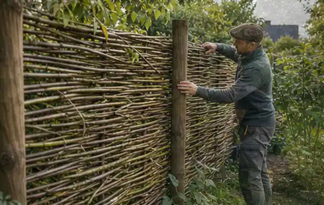 Person befestigt geflochtene Weidenruten an stabilen Holzpfosten im Garten; Thema Geräteschuppen, Schwerpunkt Aufbau; Praxisalltag.