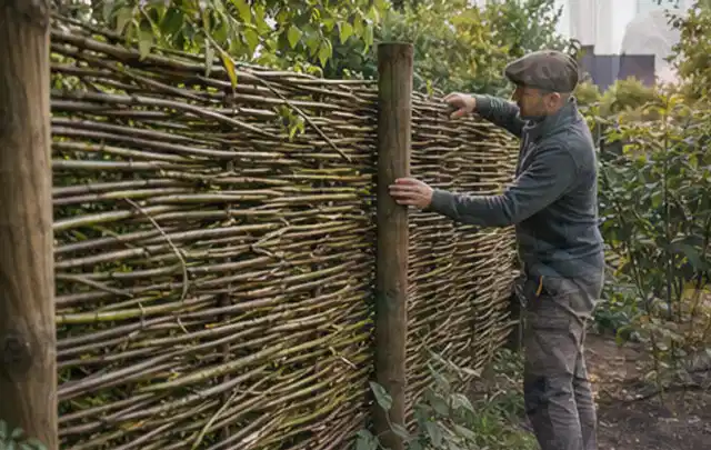Person befestigt geflochtene Weidenruten an stabilen Holzpfosten im Garten; Thema Geräteschuppen, Schwerpunkt Baurecht; Kontrolle.